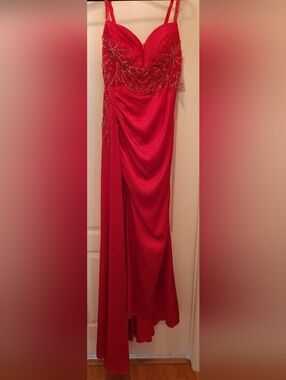 Elegant Red Beaded Satin Maxi Dress